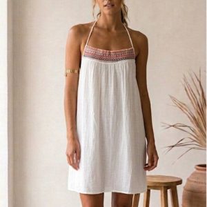 Κοντό Boho Halter Φόρεμα-Λευκό