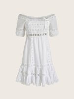 Κοντό off-shoulder Φόρεμα με Δαντέλα-Λευκό - Image 5