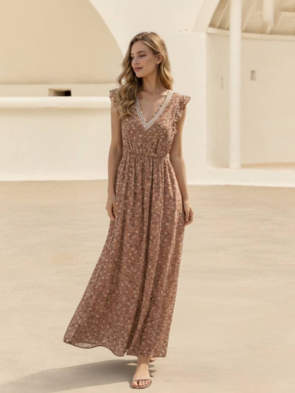 dress_long_bloom_beige-2 Μακρύ Φόρεμα Φλοράλ-Μπεζ - Image 1