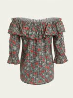 Off-shoulder Gingham Τοπ με Βολάν - Image 2