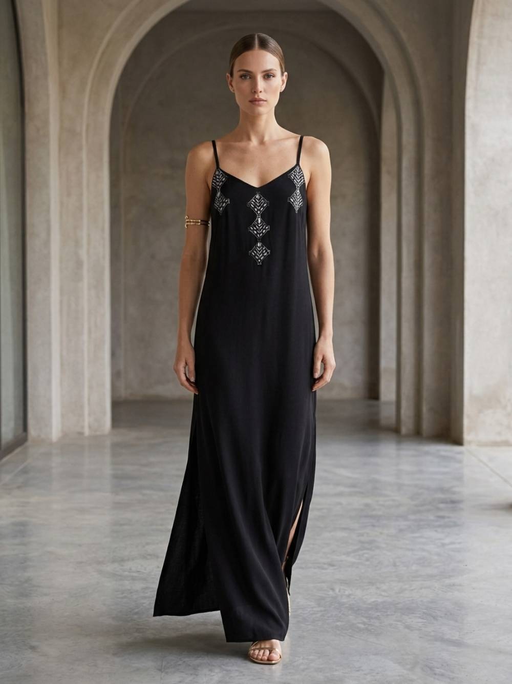 dress_maxi_stripes_embroidered_black-4 Μάξι Φόρεμα με Κέντημα-Μαύρο - Image 1
