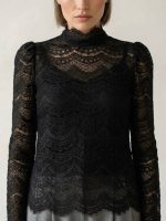 Διάφανη Δαντελένια Μπλούζα με Ψηλό Λαιμό-Μαύρη - Image 2