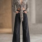 Wide Leg Jeans με Τύπωμα-Washed Black