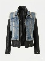 Eco Leather Biker Τζάκετ με Αποσπώμενο Denim Γιλέκο και Patch Back - Image 3