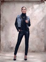 Eco Leather Biker Τζάκετ με Αποσπώμενο Denim Γιλέκο και Patch Back - Image 2