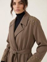 Μακριά Καπαρντίνα με Χρυσά Studs και Πλισέ Πλάτη-Χακί Olive - Image 3